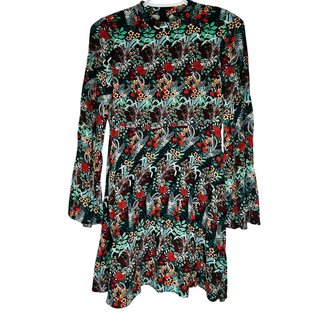Zara Basic Black Colorful Floral Print Three Quarter Bell Sleeve Mini Dress Sz S